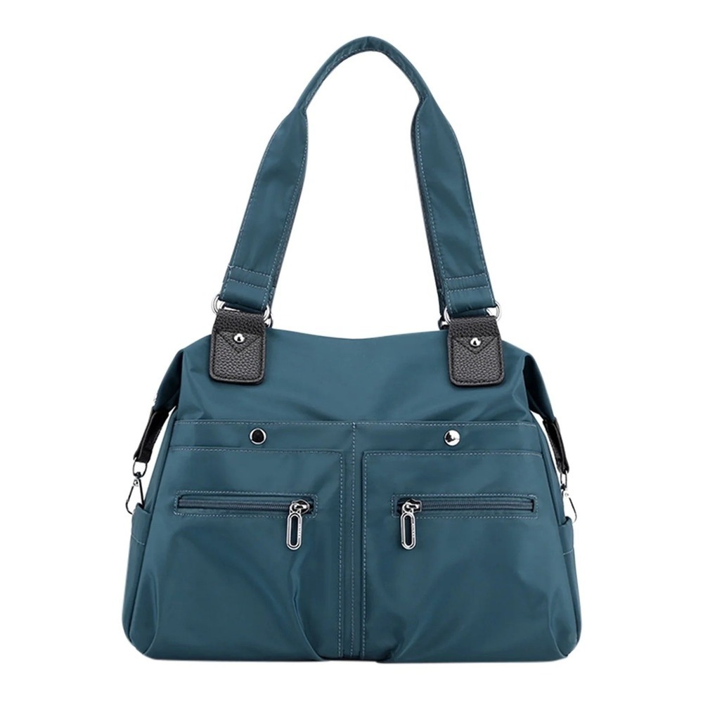 Teal Nylon Multi-Pocket Shoulder Bag Lightweight Travel Tote Handbag